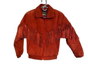 KC Collection Womens Small Red Genuine Leather Fringe Coat Western Boho Rodeo